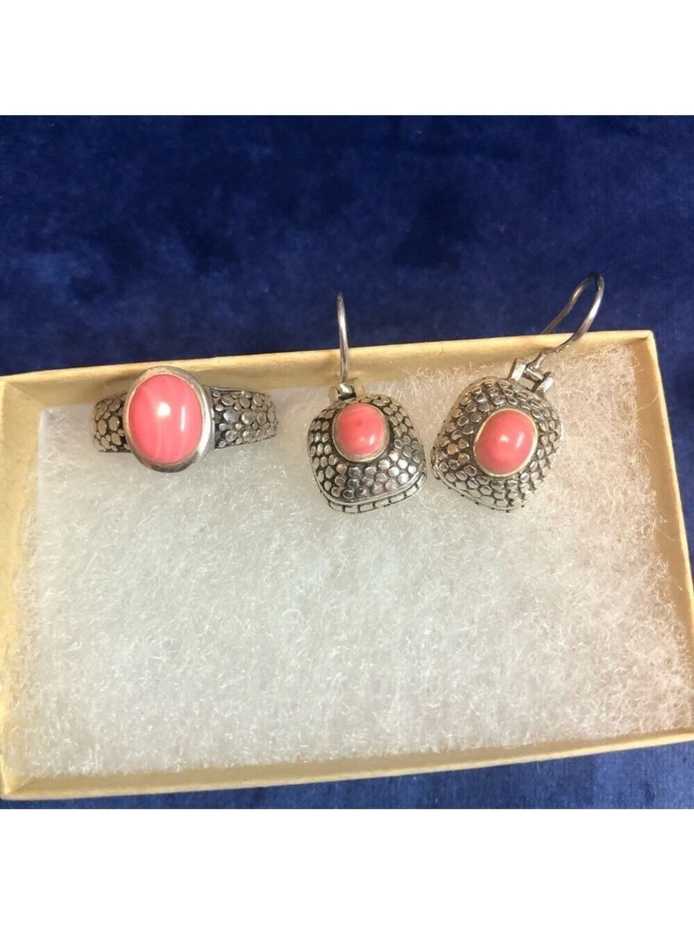 Sterling Oval Pink Rhodonite Drop & Dangle Earrings and Ring set, Size 5.5